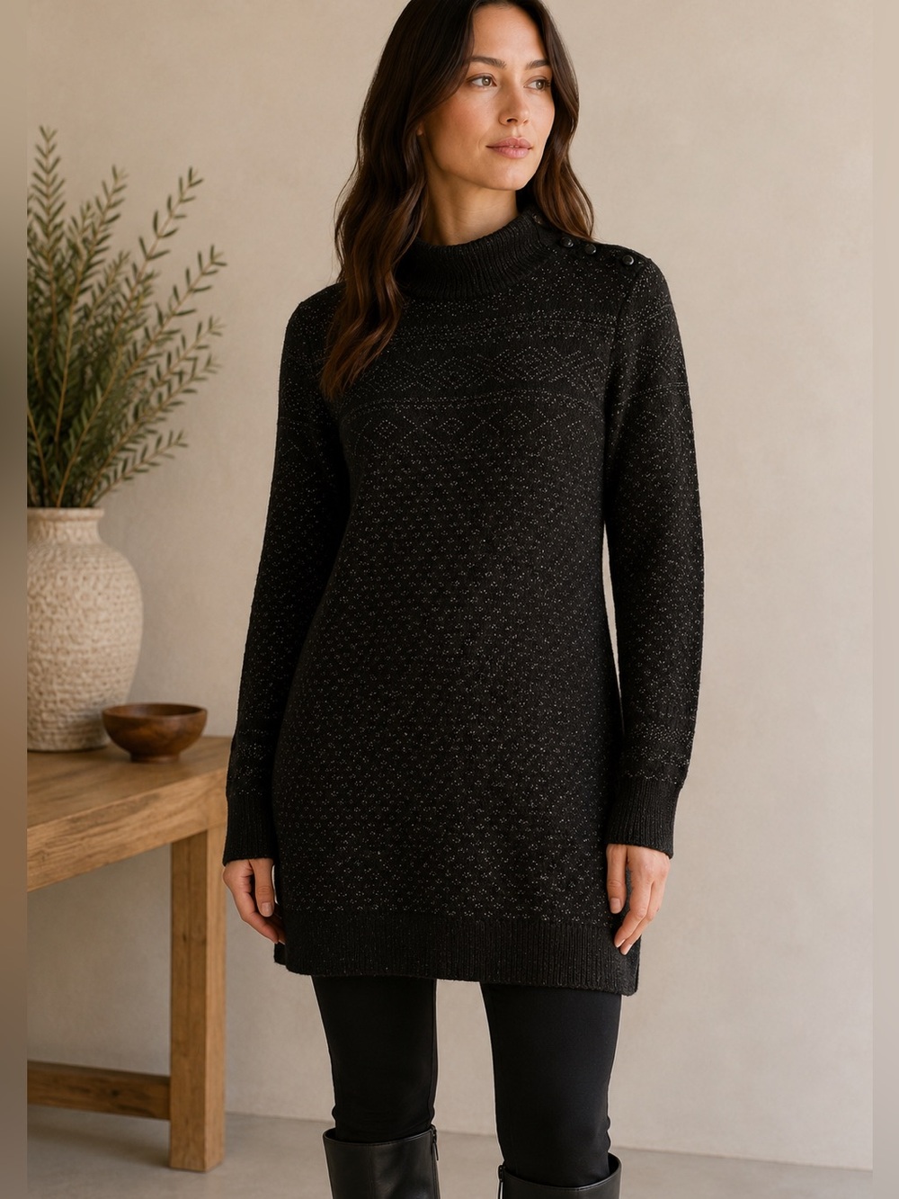Ralph Lauren Merino Wool Black Metallic Knit Tunic Sweater Mock Neck M